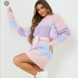 PrettyLittleThing Colour Block Sweater Dress with Tie